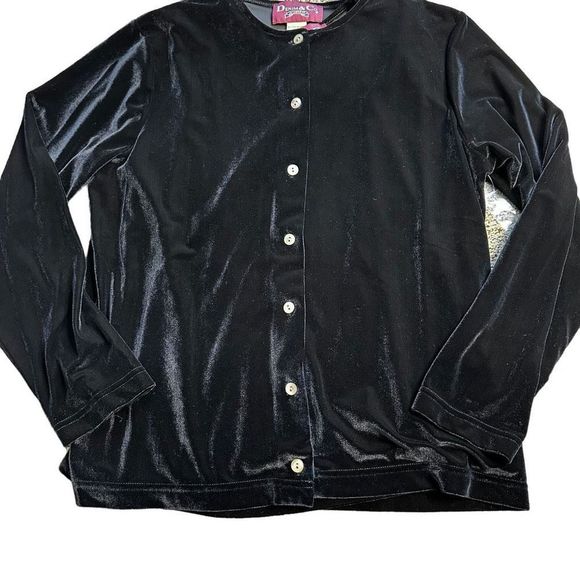 Denim & Co. 2 Pc Black Velvet Cardigan & Tank Set EUC Button Down Size M Stretch - Picture 15 of 15